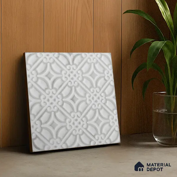 Subway Wall & Floor Handmade Tile TL 05861 B Curved Grid Frost Bloom 148 mm x 148 mm Vitrified - 9 mm | 4 Random Patterns | Suitable For Living Room, Bedroom, Kitchen