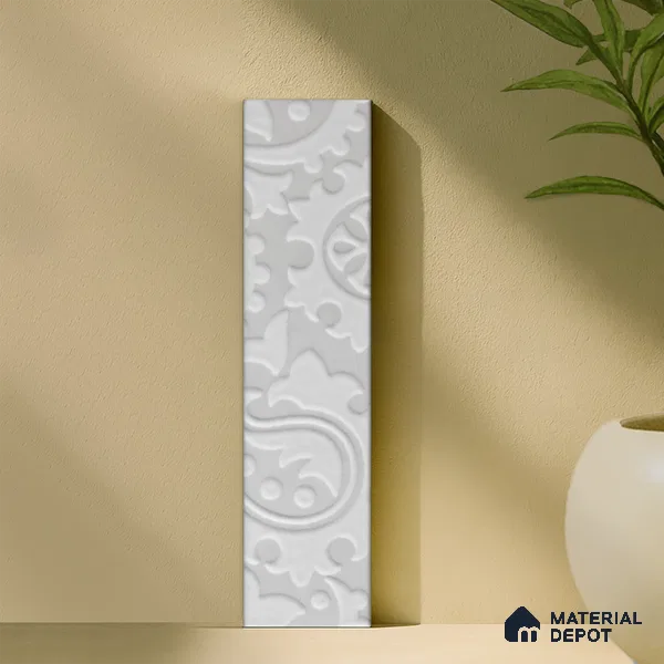 Subway Wall & Floor Handmade Tile TL 05862 Ornate Curve Pearl Paisley 297 mm x 72 mm Vitrified - 9 mm | 4 Random Patterns | Suitable For Kitchen, Accent/Feature Wall, Bathroom