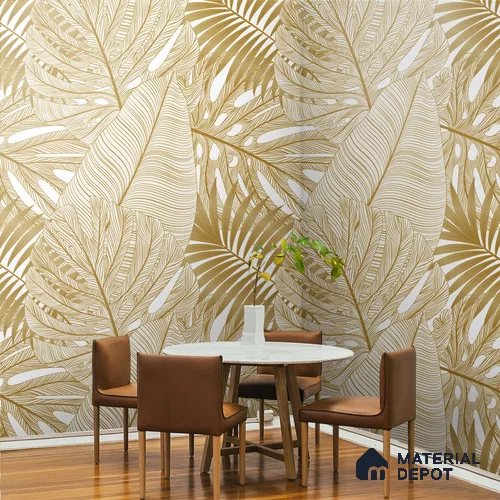 Gilded Greenery Tropical Leafy Splendor Wallpaper for Rooms Indrani Series Canvas Tropical Design (Customised Size Wallpaper )
