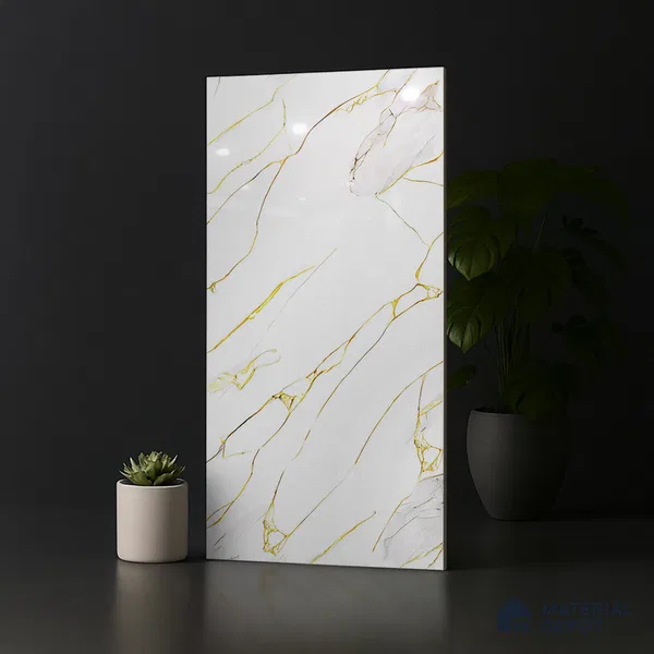 Marble Look Wall & Floor Tile TL 08975 | Glossy Finish 4 ft x 2 ft Vitrified Tile - 9 mm | Suitable For Kitchen, Bathroom, Bedroom & Office