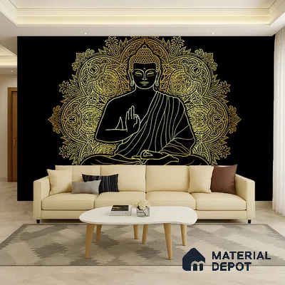 Golden Mandala of Inner Awakening Buddha At Meditation | WP 04096 Non Woven Matte Finish Indian Style Premium Customized size Wallpaper | 150 GSM WP01MTF Paper | (MOQ = 30 Sq. Ft.)