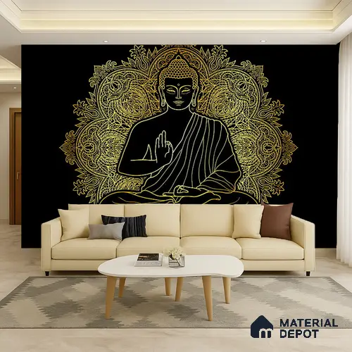 Golden Mandala of Inner Awakening Buddha At Meditation | WP 04096 Non Woven Matte Finish Indian Style Premium Customized size Wallpaper | 150 GSM WP01MTF Paper | (MOQ = 30 Sq. Ft.)