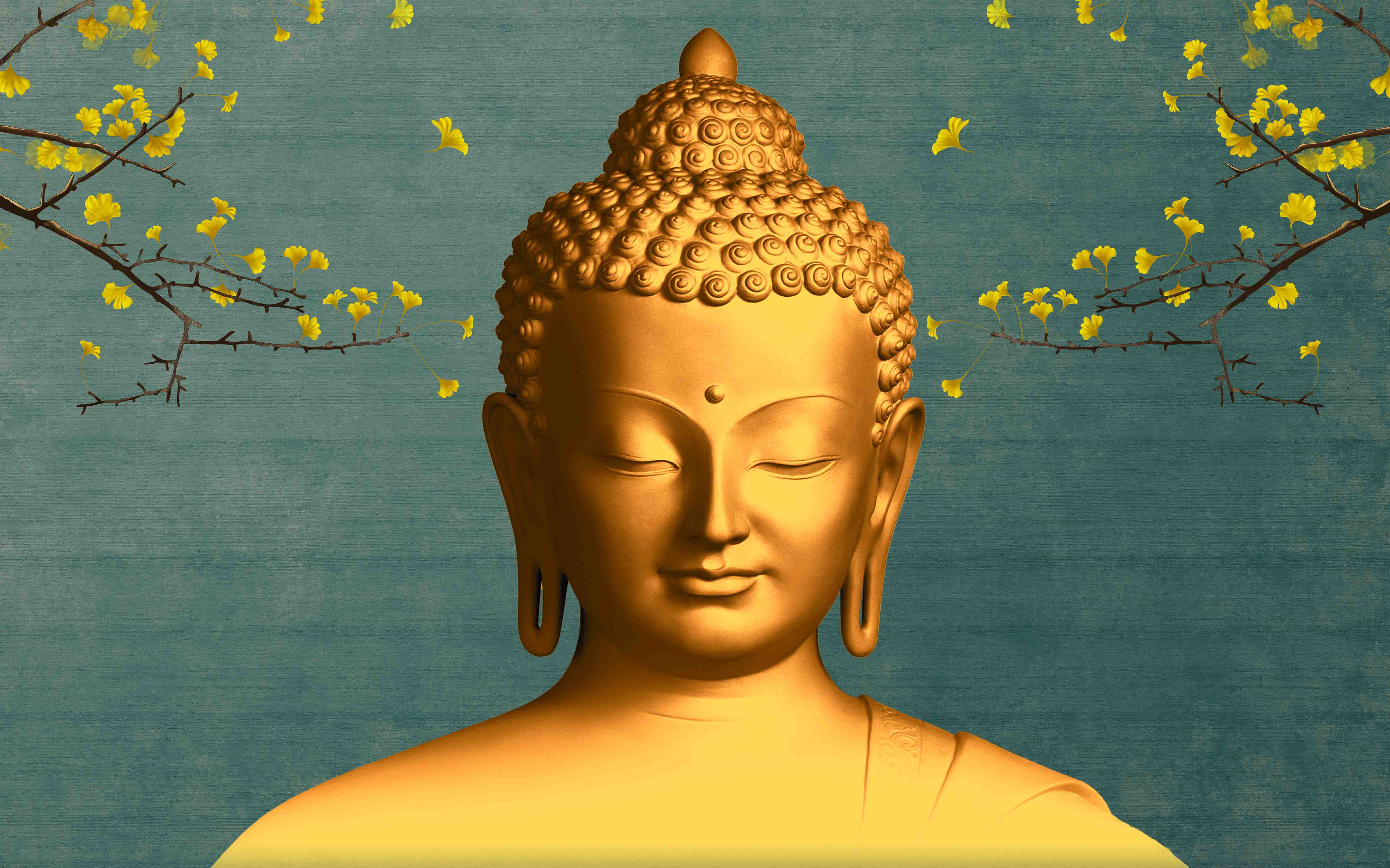 Petals of Enlightenment Golden Buddha With Nature | WP 04107 Non Woven Matte Finish Indian Style Premium Customized size Wallpaper | 150 GSM WP01MTF Paper | (MOQ = 30 Sq. Ft.)