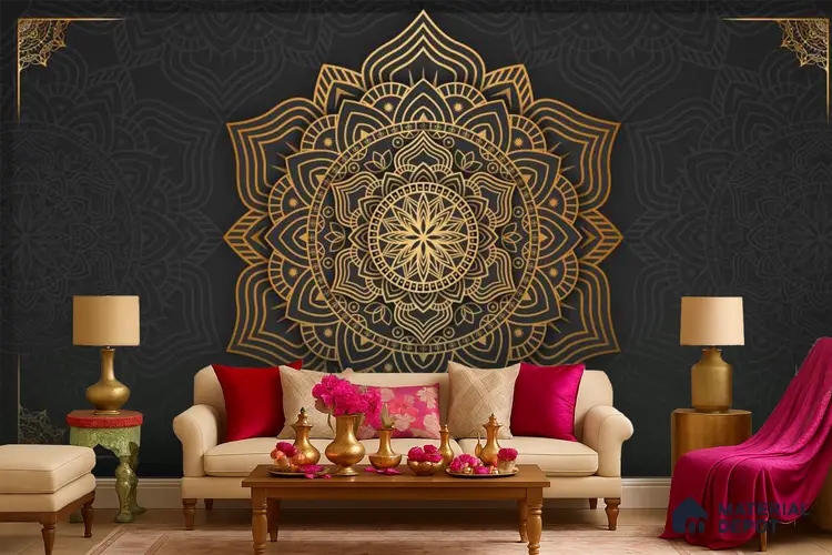 Geometry of Stillness Mandala Design | WP 04113 B Canvas Texture Finish Indian Style luxurious Customized size Wallpaper | 250 GSM WP01CNF Paper | (MOQ = 30 Sq. Ft.)