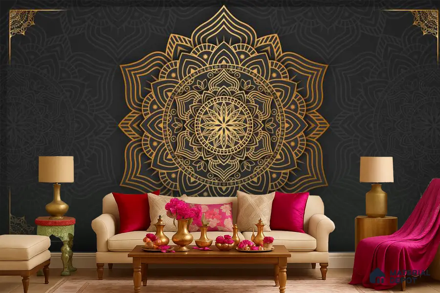 Geometry of Stillness Mandala Design | WP 04113 Non Woven Matte Finish Indian Style Premium Customized size Wallpaper | 150 GSM WP01MTF Paper | (MOQ = 30 Sq. Ft.)