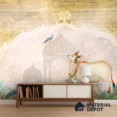 Ivory Garden Gau Pichwai Chikankari Flower Stencil | WP 04182 B Canvas Texture Finish Animal Print,Pichwai Style luxurious Customized size Wallpaper | 250 GSM WP01CNF Paper | (MOQ = 30 Sq. Ft.) | Design change not possible