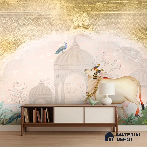 Ivory Garden Gau Pichwai Chikankari Flower Stencil | WP 04182 B Canvas Texture Finish Animal Print,Pichwai Style luxurious Customized size Wallpaper | 250 GSM WP01CNF Paper | (MOQ = 30 Sq. Ft.) | Design change not possible
