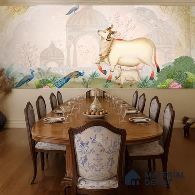 Ivory Garden Gau Pichwai Chikankari Flower Stencil | WP 04182 B Canvas Texture Finish Animal Print,Pichwai Style luxurious Customized size Wallpaper | 250 GSM WP01CNF Paper | (MOQ = 30 Sq. Ft.) | Design change not possible