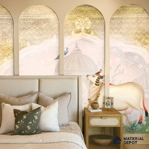 Ivory Garden Gau Pichwai Chikankari Flower Stencil | WP 04182 B Canvas Texture Finish Animal Print,Pichwai Style luxurious Customized size Wallpaper | 250 GSM WP01CNF Paper | (MOQ = 30 Sq. Ft.) | Design change not possible