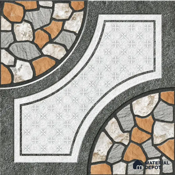 Gravel Floor Tile TL 05303 Strada Pebble Pathway 16 inch x 16 inch Vitrified Punch Matte Finish - 12 mm | Suitable for Parking, Balcony, Courtyard, Patio, Terrace | Pattern Alignment May Vary | 2-3 mm Spacer is Mandatory