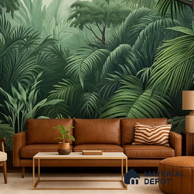 Emerald Green Lush Rainforest Leaves Abstract Serenity Art | WP 03922 Non Woven Matte Finish Tropical Style Premium Customized size Wallpaper | 150 GSM WP01MTF Paper | (MOQ = 30 Sq. Ft.)