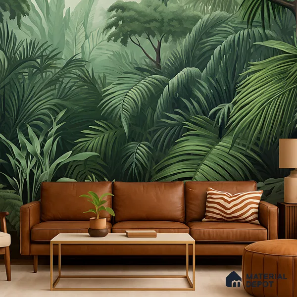 Emerald Green Lush Rainforest Leaves Abstract Serenity Art | WP 03922 Non Woven Matte Finish Tropical Style Premium Customized size Wallpaper | 150 GSM WP01MTF Paper | (MOQ = 30 Sq. Ft.)