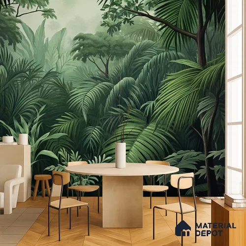 Emerald Green Lush Rainforest Leaves Abstract Serenity Art | WP 03922 Non Woven Matte Finish Tropical Style Premium Customized size Wallpaper | 150 GSM WP01MTF Paper | (MOQ = 30 Sq. Ft.)