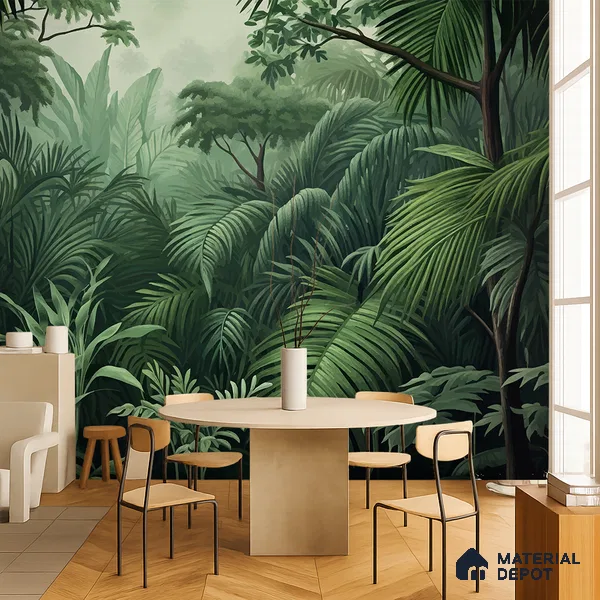 Emerald Green Lush Rainforest Leaves Abstract Serenity Art | WP 03922 Non Woven Matte Finish Tropical Style Premium Customized size Wallpaper | 150 GSM WP01MTF Paper | (MOQ = 30 Sq. Ft.)