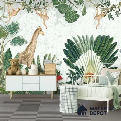 Botanical Safari Animals In Green Forest | WP 04057 B Non Woven Matte Finish Animal Print Style Premium Customized size Wallpaper | 150 GSM WP01MTF Paper | (MOQ = 30 Sq. Ft.)
