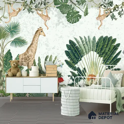 Botanical Safari Animals In Green Forest | WP 04057 B Non Woven Matte Finish Animal Print Style Premium Customized size Wallpaper | 150 GSM WP01MTF Paper | (MOQ = 30 Sq. Ft.)