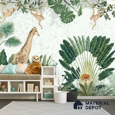 Botanical Safari Animals In Green Forest | WP 04057 B Non Woven Matte Finish Animal Print Style Premium Customized size Wallpaper | 150 GSM WP01MTF Paper | (MOQ = 30 Sq. Ft.)