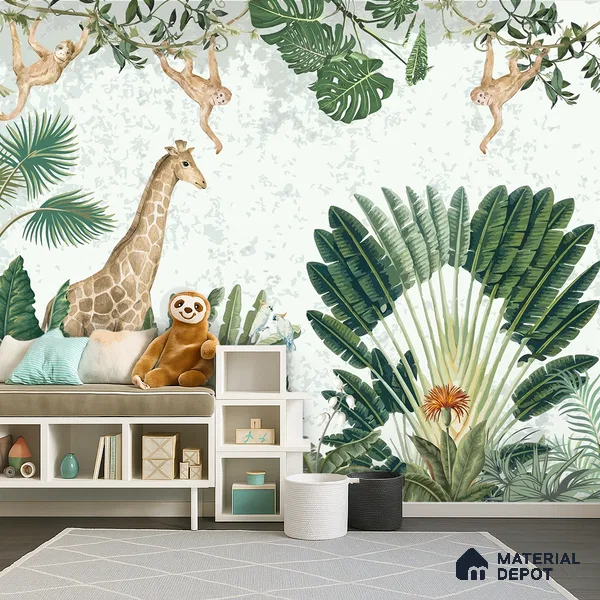 Botanical Safari Animals In Green Forest | WP 04057 B Non Woven Matte Finish Animal Print Style Premium Customized size Wallpaper | 150 GSM WP01MTF Paper | (MOQ = 30 Sq. Ft.)