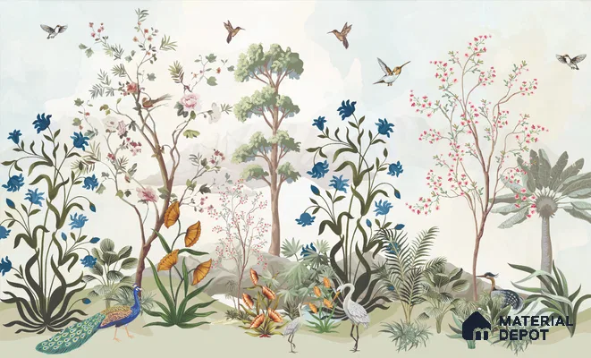 Blue Bloom Sanctuary Artistic Charm Designer | WP 03977 Non Woven Matte Finish Chinoiserie Style Premium Customized size Wallpaper | 150 GSM WP01MTF Paper | (MOQ = 30 Sq. Ft.)