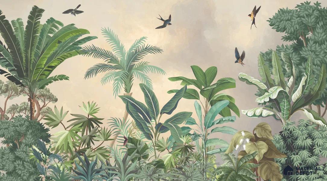 Golden Canopy Tropical Flight Artistic Charm Designer | WP 03967 Non Woven Matte Finish Tropical Style Premium Customized size Wallpaper | 150 GSM WP01MTF Paper | (MOQ = 30 Sq. Ft.)