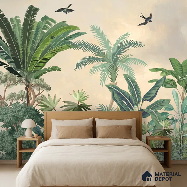 Golden Canopy Tropical Flight Artistic Charm Designer | WP 03967 B Canvas Texture Finish Tropical Style luxurious Customized size Wallpaper | 250 GSM WP01CNF Paper | (MOQ = 30 Sq. Ft.)