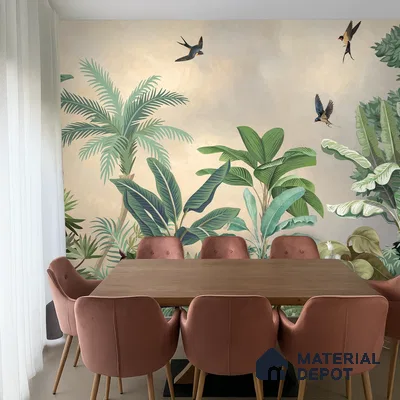 Golden Canopy Tropical Flight Artistic Charm Designer | WP 03967 B Canvas Texture Finish Tropical Style luxurious Customized size Wallpaper | 250 GSM WP01CNF Paper | (MOQ = 30 Sq. Ft.)