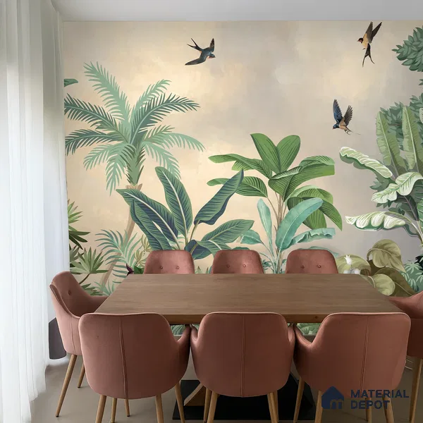Golden Canopy Tropical Flight Artistic Charm Designer | WP 03967 B Canvas Texture Finish Tropical Style luxurious Customized size Wallpaper | 250 GSM WP01CNF Paper | (MOQ = 30 Sq. Ft.)