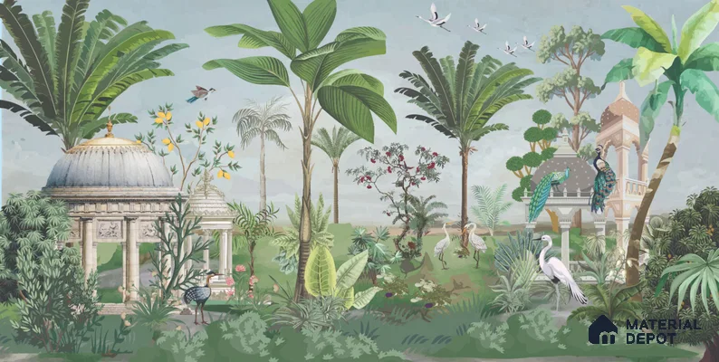 Peacocks of the Garden Pavilion Artistic Charm Designer | WP 04000 B Canvas Texture Finish Tropical Style luxurious Customized size Wallpaper | 250 GSM WP01CNF Paper | (MOQ = 30 Sq. Ft.)