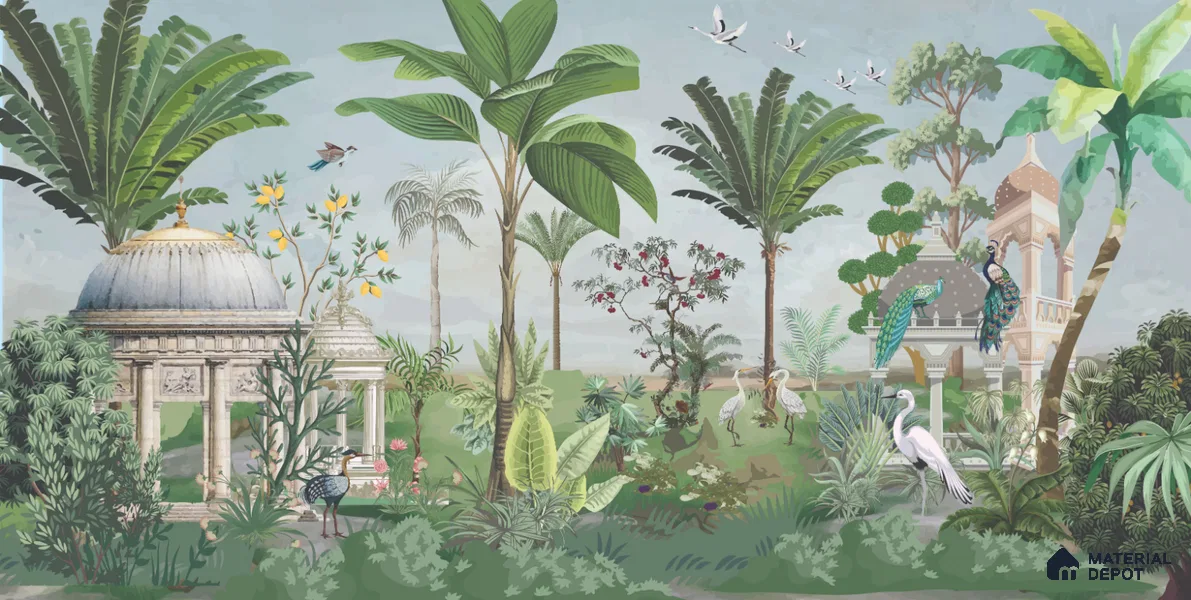 Peacocks of the Garden Pavilion Artistic Charm Designer | WP 04000 B Canvas Texture Finish Tropical Style luxurious Customized size Wallpaper | 250 GSM WP01CNF Paper | (MOQ = 30 Sq. Ft.)