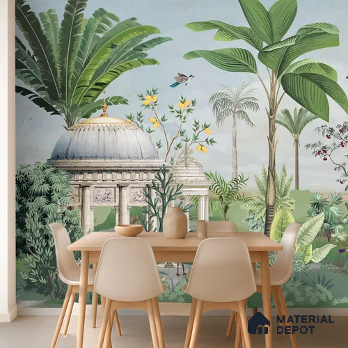 Peacocks of the Garden Pavilion Artistic Charm Designer | WP 04000 B Canvas Texture Finish Tropical Style luxurious Customized size Wallpaper | 250 GSM WP01CNF Paper | (MOQ = 30 Sq. Ft.)