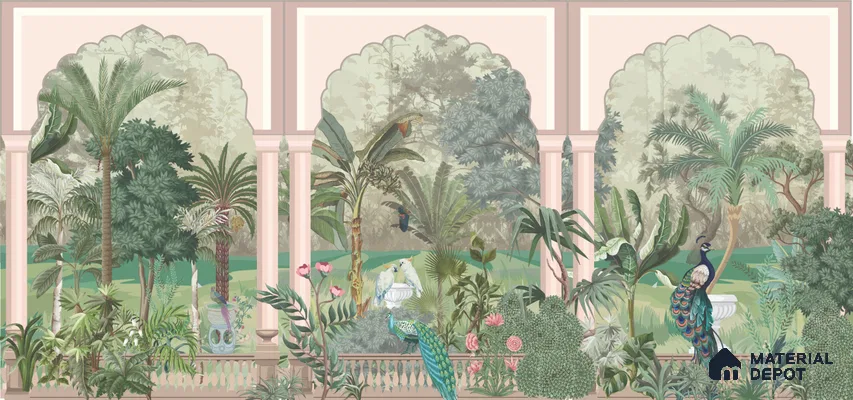 Royal Garden Arcade with Peacocks Artistic Charm Designer | WP 03966 B Canvas Texture Finish Tropical Style luxurious Customized size Wallpaper | 250 GSM WP01CNF Paper | (MOQ = 30 Sq. Ft.)