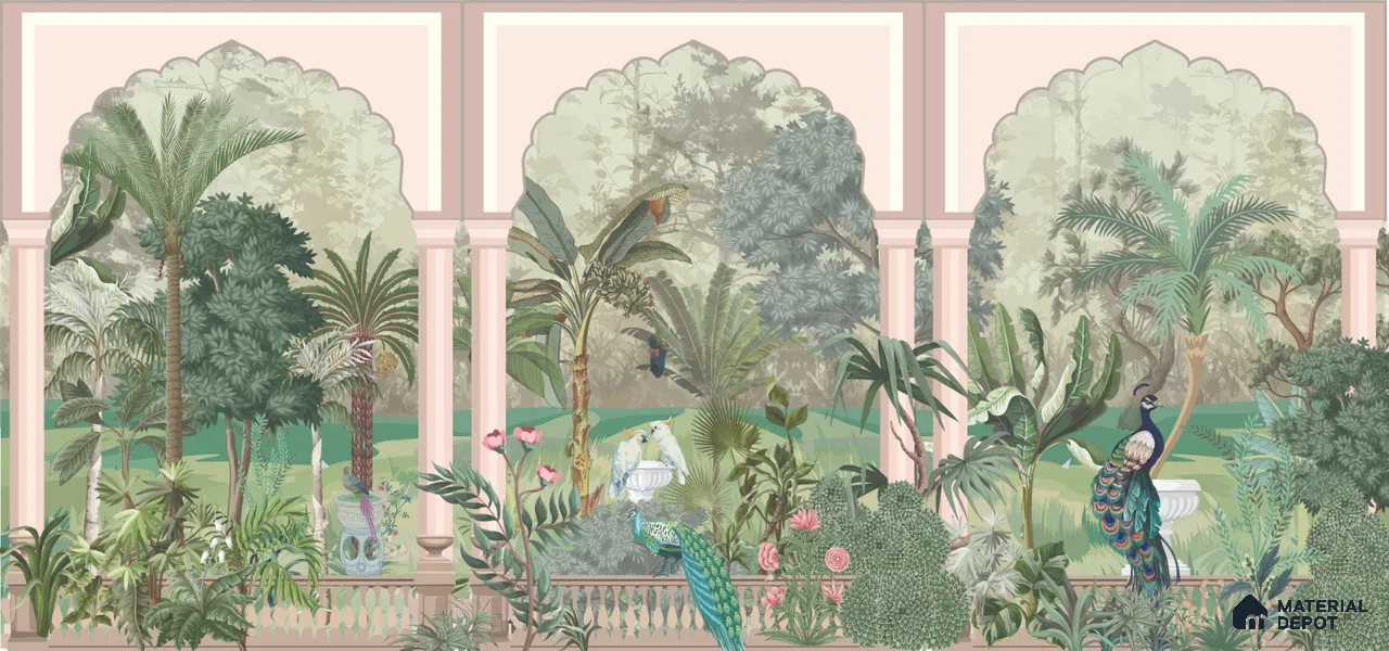 Royal Garden Arcade with Peacocks Artistic Charm Designer | WP 03966 B Canvas Texture Finish Tropical Style luxurious Customized size Wallpaper | 250 GSM WP01CNF Paper | (MOQ = 30 Sq. Ft.)