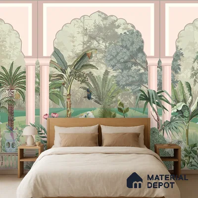 Royal Garden Arcade with Peacocks Artistic Charm Designer | WP 03966 B Canvas Texture Finish Tropical Style luxurious Customized size Wallpaper | 250 GSM WP01CNF Paper | (MOQ = 30 Sq. Ft.)
