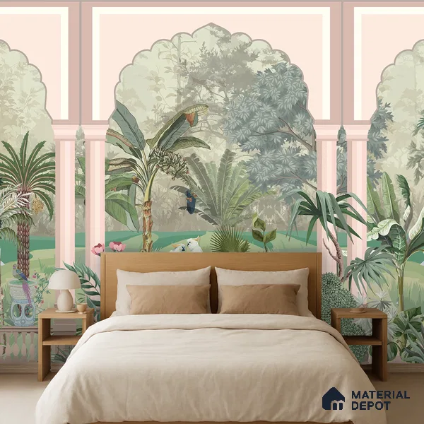 Royal Garden Arcade with Peacocks Artistic Charm Designer | WP 03966 B Canvas Texture Finish Tropical Style luxurious Customized size Wallpaper | 250 GSM WP01CNF Paper | (MOQ = 30 Sq. Ft.)