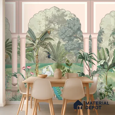 Royal Garden Arcade with Peacocks Artistic Charm Designer | WP 03966 B Canvas Texture Finish Tropical Style luxurious Customized size Wallpaper | 250 GSM WP01CNF Paper | (MOQ = 30 Sq. Ft.)