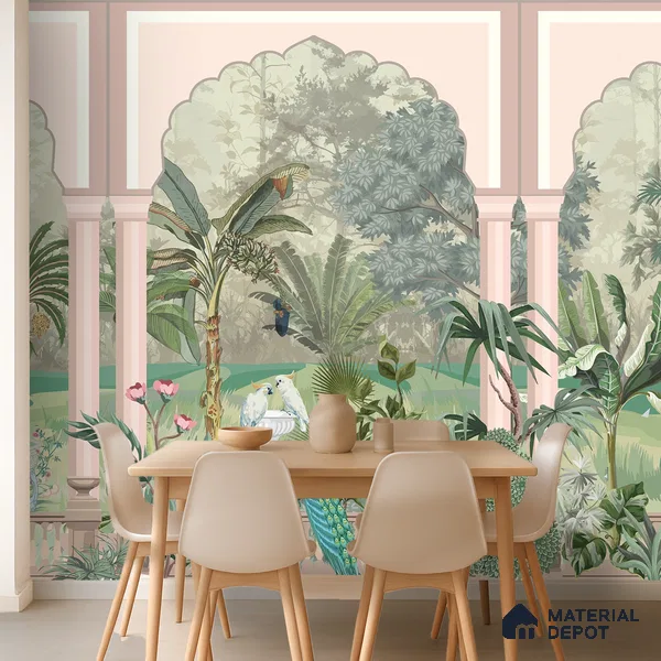 Royal Garden Arcade with Peacocks Artistic Charm Designer | WP 03966 B Canvas Texture Finish Tropical Style luxurious Customized size Wallpaper | 250 GSM WP01CNF Paper | (MOQ = 30 Sq. Ft.)