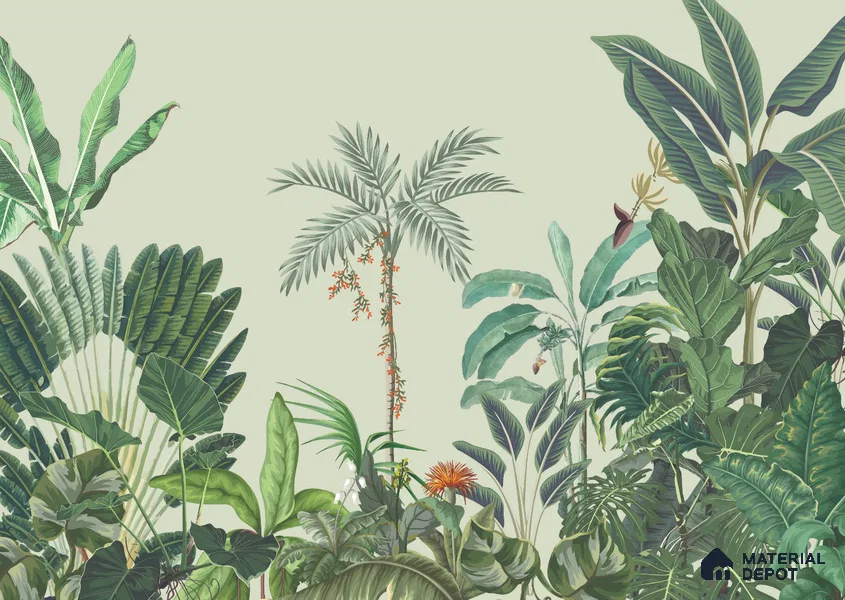 Verdant Palm Symphony Artistic Charm Designer | WP 03974 Non Woven Matte Finish Tropical Style Premium Customized size Wallpaper | 150 GSM WP01MTF Paper | (MOQ = 30 Sq. Ft.)