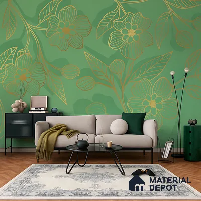 Golden Botanica on Sage Classic Garden Rose Print | WP 04123 Canvas Texture Finish Florals Style luxurious Customized size Wallpaper | 250 GSM WP01CNF Paper | (MOQ = 30 Sq. Ft.)
