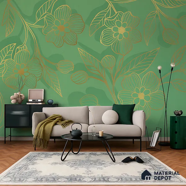 Golden Botanica on Sage Classic Garden Rose Print | WP 04123 Canvas Texture Finish Florals Style luxurious Customized size Wallpaper | 250 GSM WP01CNF Paper | (MOQ = 30 Sq. Ft.)