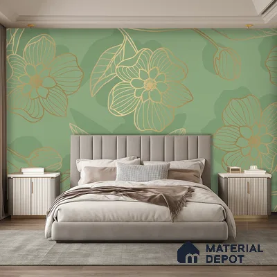 Golden Botanica on Sage Classic Garden Rose Print | WP 04123 Canvas Texture Finish Florals Style luxurious Customized size Wallpaper | 250 GSM WP01CNF Paper | (MOQ = 30 Sq. Ft.)