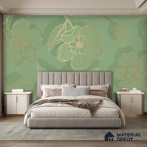 Golden Botanica on Sage Classic Garden Rose Print | WP 04123 B Non Woven Matte Finish Florals Style Premium Customized size Wallpaper | 150 GSM WP01MTF Paper | (MOQ = 30 Sq. Ft.)