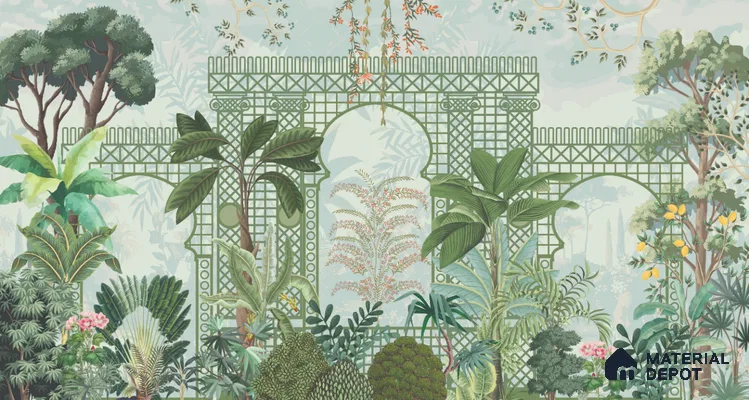 Verdant Lattice Garden Dreamy Artistic | WP 03970 B Canvas Texture Finish Tropical Style luxurious Customized size Wallpaper | 250 GSM WP01CNF Paper | (MOQ = 30 Sq. Ft.)