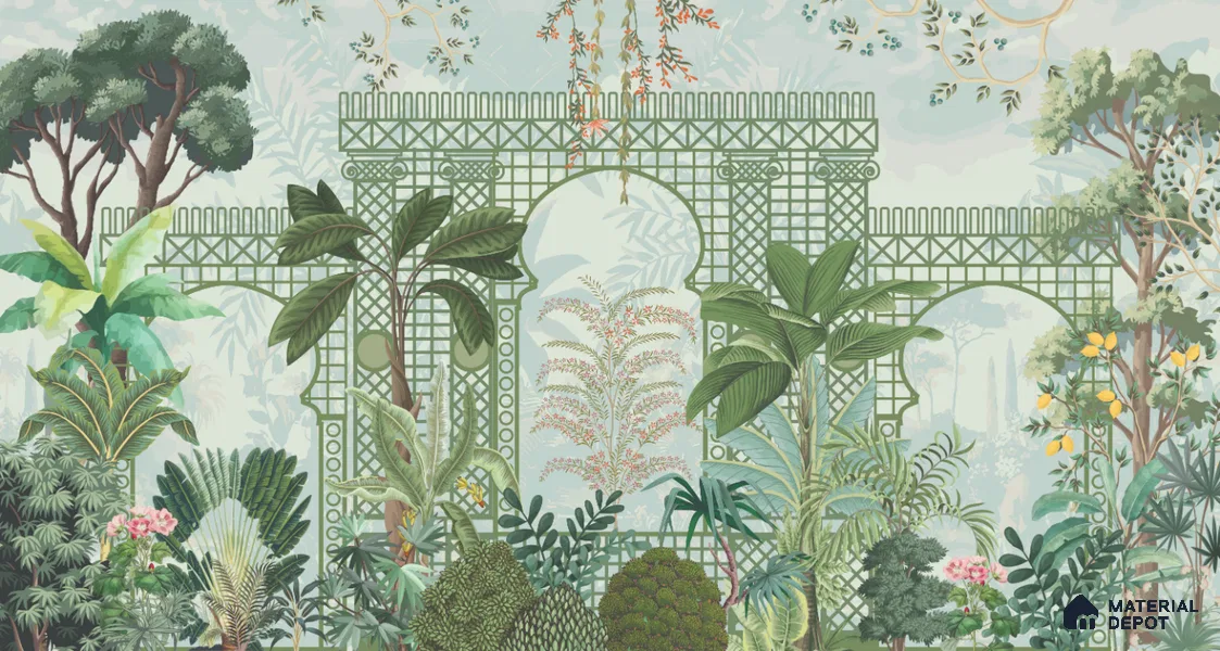 Verdant Lattice Garden Dreamy Artistic | WP 03970 B Canvas Texture Finish Tropical Style luxurious Customized size Wallpaper | 250 GSM WP01CNF Paper | (MOQ = 30 Sq. Ft.)