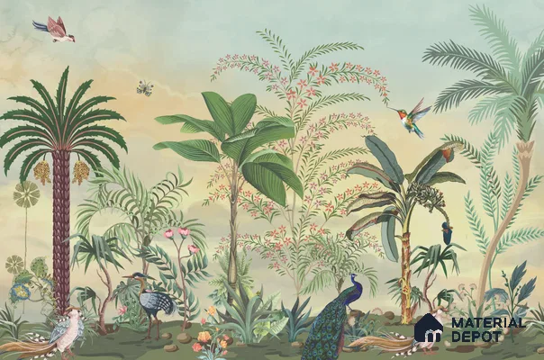 Golden Canopy Peacock Garden Dreamy Artistic | WP 03978 Non Woven Matte Finish Tropical Style Premium Customized size Wallpaper | 150 GSM WP01MTF Paper | (MOQ = 30 Sq. Ft.)