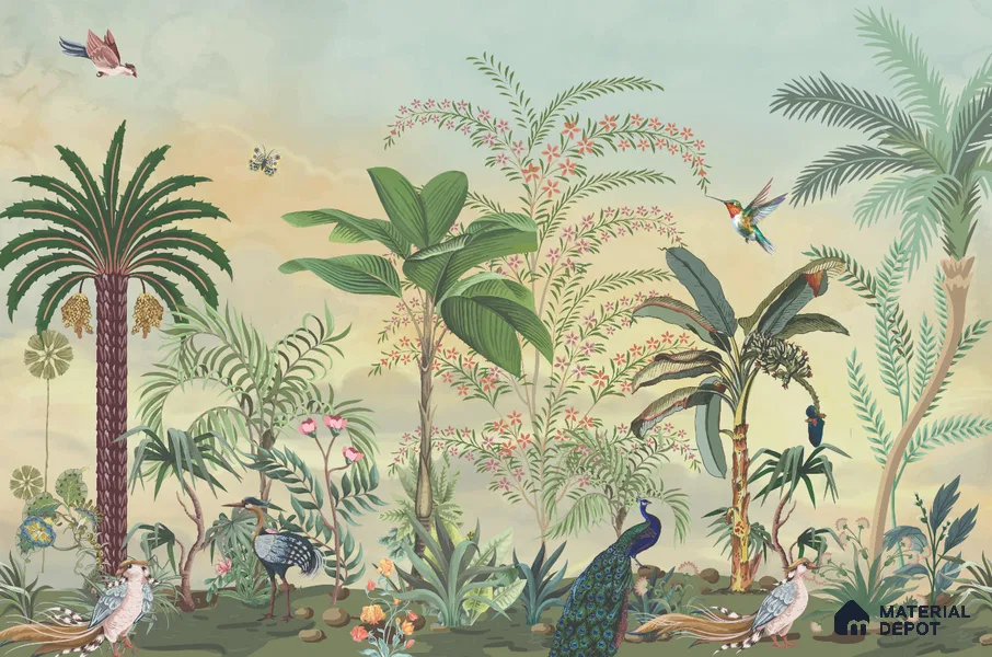Golden Canopy Peacock Garden Dreamy Artistic | WP 03978 Non Woven Matte Finish Tropical Style Premium Customized size Wallpaper | 150 GSM WP01MTF Paper | (MOQ = 30 Sq. Ft.)