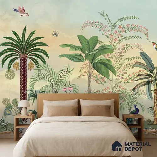 Golden Canopy Peacock Garden Dreamy Artistic | WP 03978 Non Woven Matte Finish Tropical Style Premium Customized size Wallpaper | 150 GSM WP01MTF Paper | (MOQ = 30 Sq. Ft.)