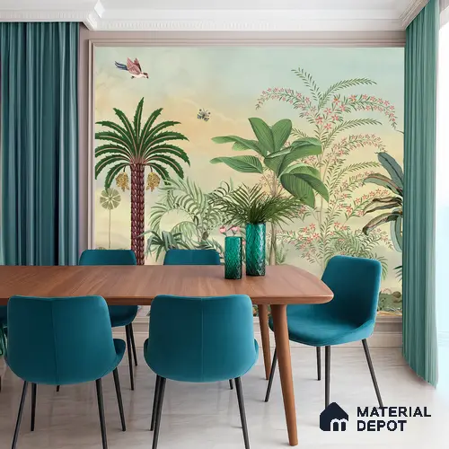 Golden Canopy Peacock Garden Dreamy Artistic | WP 03978 B Canvas Texture Finish Tropical Style luxurious Customized size Wallpaper | 250 GSM WP01CNF Paper | (MOQ = 30 Sq. Ft.)