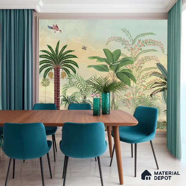 Golden Canopy Peacock Garden Dreamy Artistic | WP 03978 B Canvas Texture Finish Tropical Style luxurious Customized size Wallpaper | 250 GSM WP01CNF Paper | (MOQ = 30 Sq. Ft.)