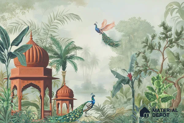 Amber Pavilion Peacock Flight Dreamy Artistic | WP 03981 B Canvas Texture Finish Tropical Style luxurious Customized size Wallpaper | 250 GSM WP01CNF Paper | (MOQ = 30 Sq. Ft.)