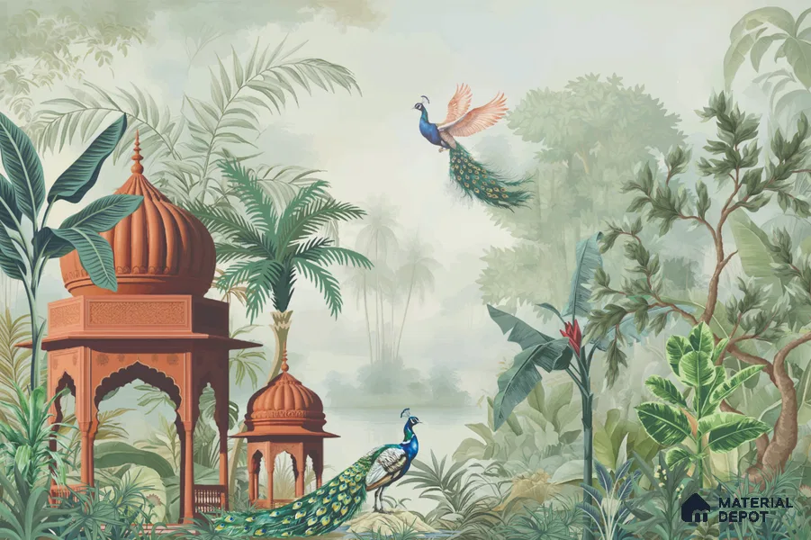 Amber Pavilion Peacock Flight Dreamy Artistic | WP 03981 B Canvas Texture Finish Tropical Style luxurious Customized size Wallpaper | 250 GSM WP01CNF Paper | (MOQ = 30 Sq. Ft.)